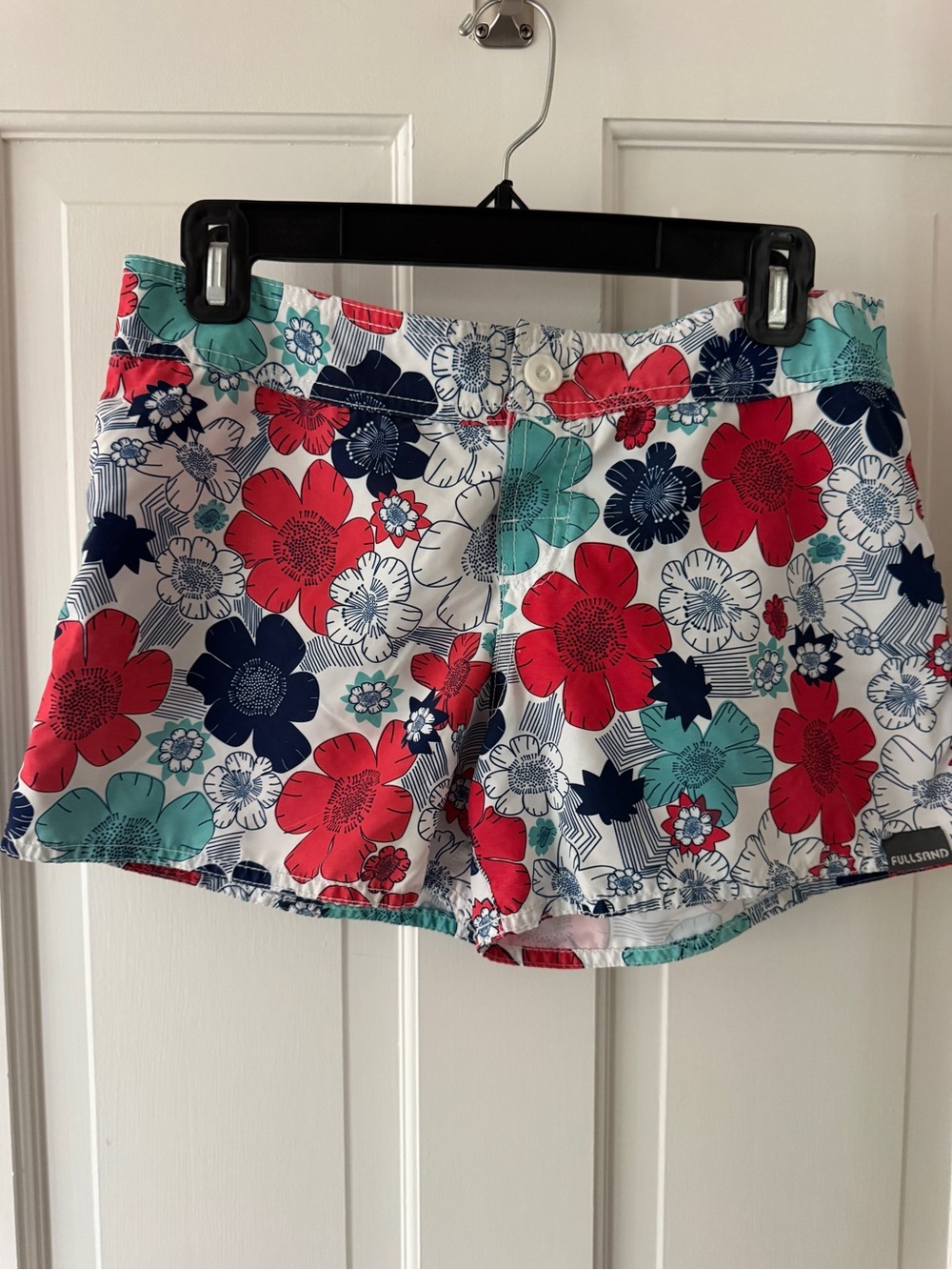 Women's Floral surf shorts in White with Red & Teal Flowers